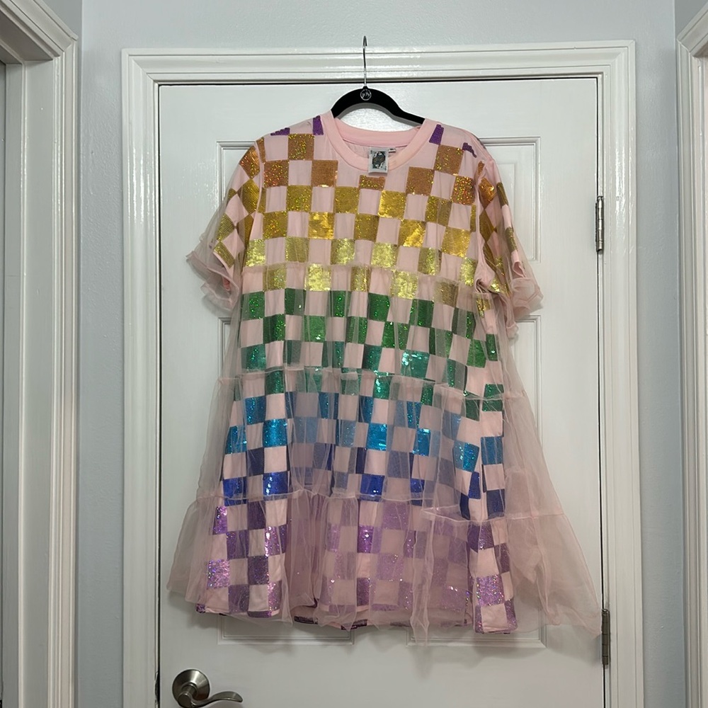 Queen of Sparkles Rainbow Checkered Mesh Overlay Tee Dress